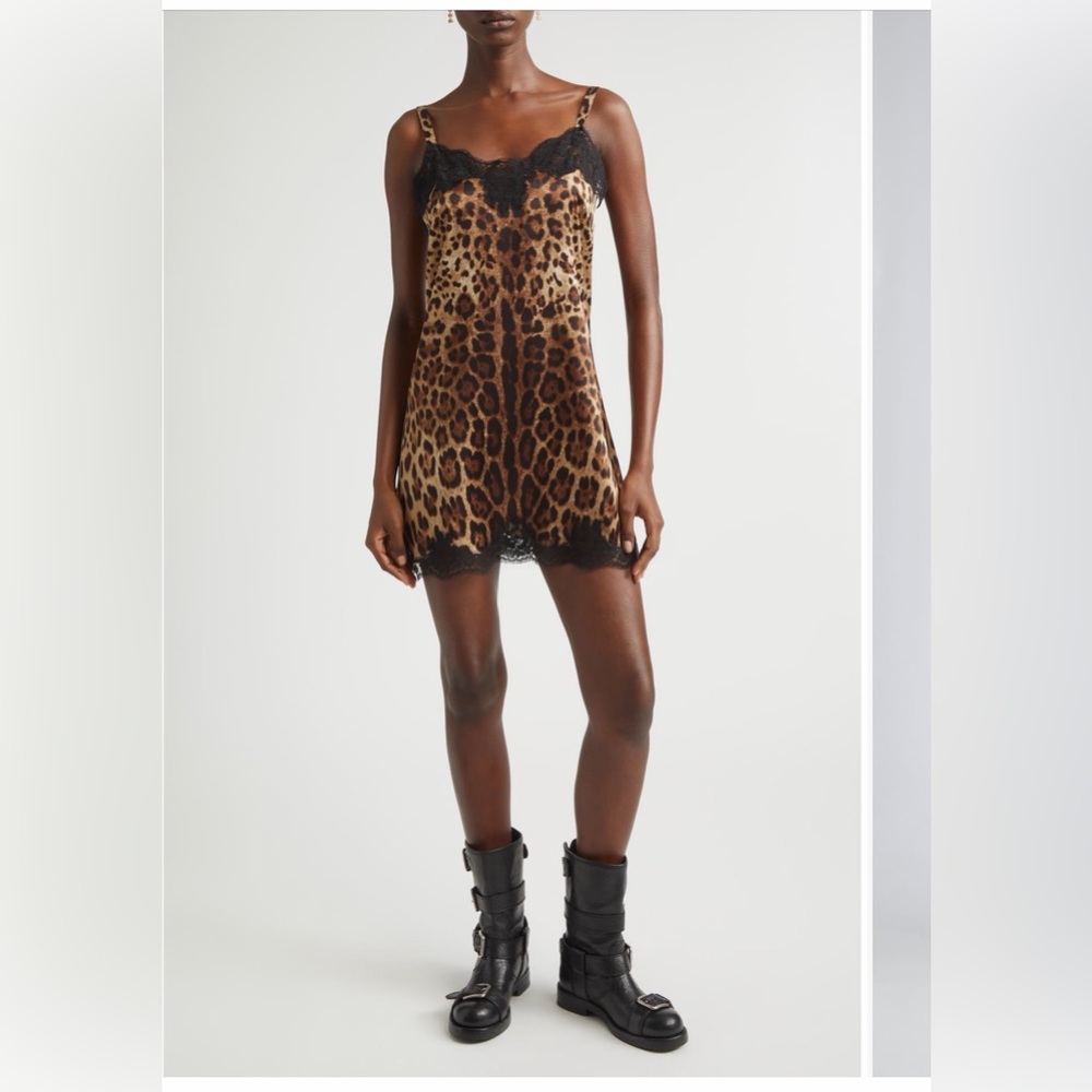 Dolce&Gabbana Leopard print stretch satin & lace slip dress